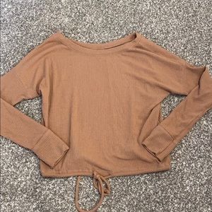 Tan ribbed cropped sweater with tie